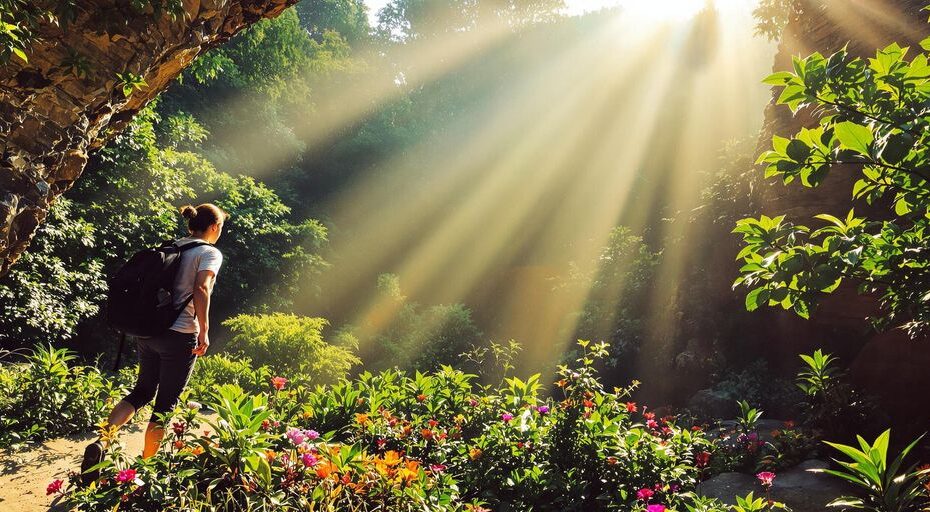 美しい風景と旅行者が冒険をする様子