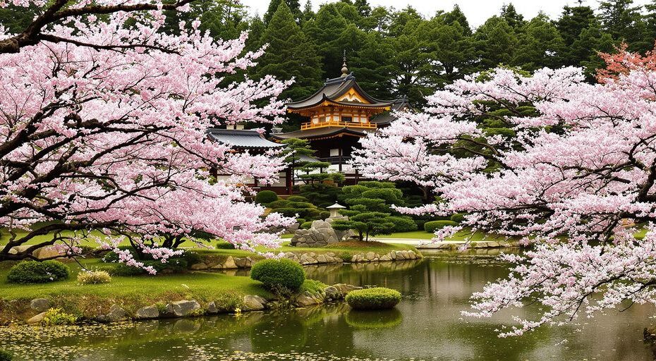 静かな日本庭園と桜の花の風景